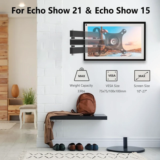 Alt view image 2 of 7 - Wall Mount for Echo Show 15, Full Motion Monitor Mounting Bracket | Heavy-duty Articulating Arm Swivel Rotation Extension Tilt, Max VESA 100x100mm Hold up to 33lbs, Black