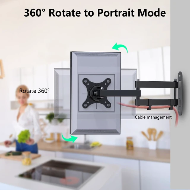 Alt view image 4 of 7 - Wall Mount for Echo Show 15, Full Motion Monitor Mounting Bracket | Heavy-duty Articulating Arm Swivel Rotation Extension Tilt, Max VESA 100x100mm Hold up to 33lbs, Black