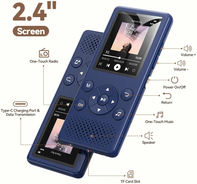Alt view image 5 of 7 - M5 32GB MP3 Player for Seniors, 2.4" Screen Big Font(Blue) | With Bluetooth 5.3, Front Lager Speaker, Shuffle Play, Physical Buttons, Simple to operate, Great for Elderly