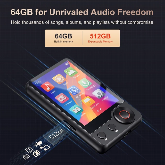 Alt view image 5 of 7 - MP3 Player 64GB with 2.4" Touch Screen, Black | Voice Recorder, FM Radio, HiFi Speaker, Supports 512GB SD Card, Compact Design