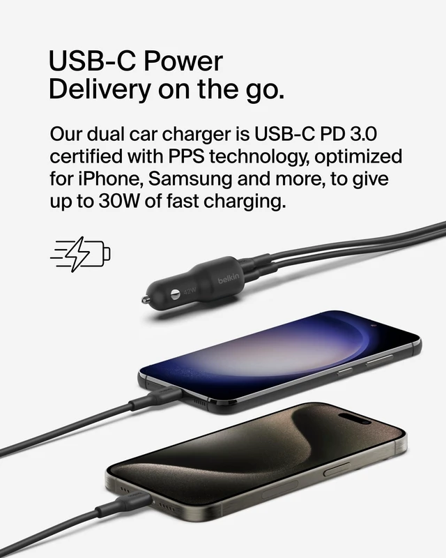 Alt view image 2 of 7 - BoostCharge 42W Car Charger with USB-C to C Cable | 30W USB-C plus 12W USB-A ports, fast charges iPhone 17 Pro, Galaxy S26, S25, Pixel 10, Switch 2