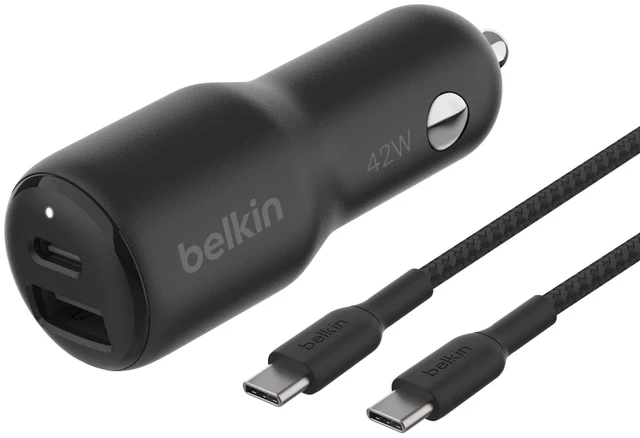 Main image of BoostCharge 42W Car Charger with USB-C to C Cable | 30W USB-C plus 12W USB-A ports, fast charges iPhone 17 Pro, Galaxy S26, S25, Pixel 10, Switch 2