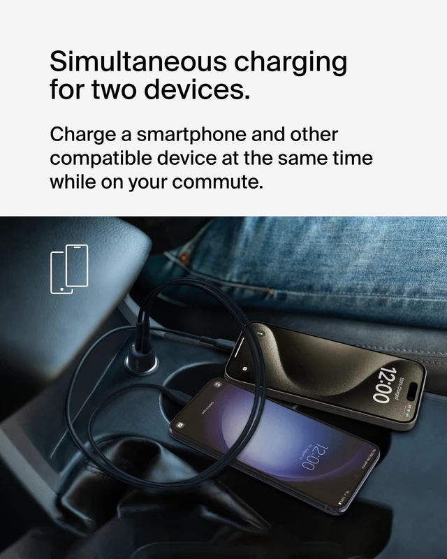 Alt view image 3 of 7 - BoostCharge 42W Car Charger with USB-C to C Cable | 30W USB-C plus 12W USB-A ports, fast charges iPhone 17 Pro, Galaxy S26, S25, Pixel 10, Switch 2
