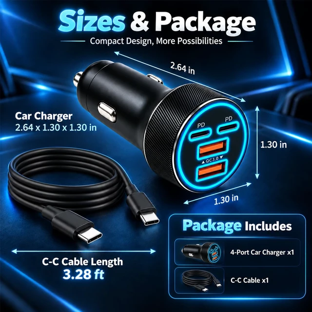 Alt view image 2 of 7 - USB/Type C Car Charger Fast Charging,90W 4-Port Car Phone Charger | for 2QC+2PD,with 3.28Ft Type C Cable,Simultaneous Charge,Soft Light,Overheat Protection,Fit 12-24V Cigarette Lighter Socket