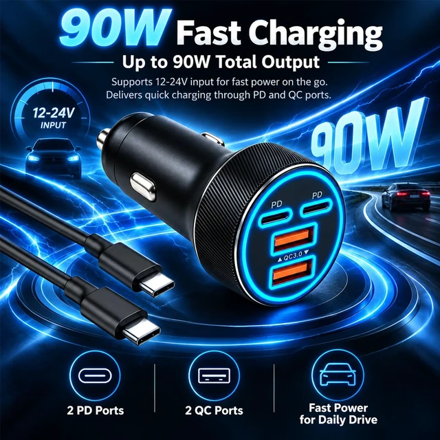 Alt view image 3 of 7 - USB/Type C Car Charger Fast Charging,90W 4-Port Car Phone Charger | for 2QC+2PD,with 3.28Ft Type C Cable,Simultaneous Charge,Soft Light,Overheat Protection,Fit 12-24V Cigarette Lighter Socket