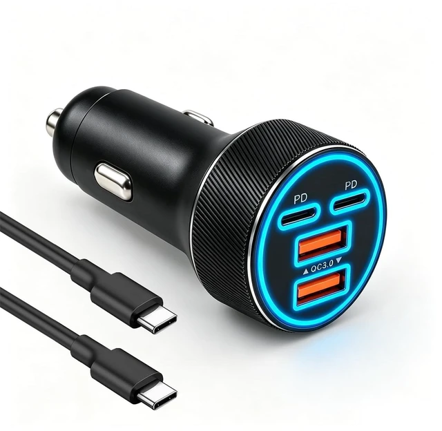 Main image of USB/Type C Car Charger Fast Charging,90W 4-Port Car Phone Charger | for 2QC+2PD,with 3.28Ft Type C Cable,Simultaneous Charge,Soft Light,Overheat Protection,Fit 12-24V Cigarette Lighter Socket
