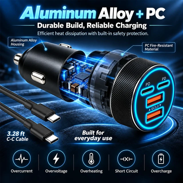 Alt view image 4 of 7 - USB/Type C Car Charger Fast Charging,90W 4-Port Car Phone Charger | for 2QC+2PD,with 3.28Ft Type C Cable,Simultaneous Charge,Soft Light,Overheat Protection,Fit 12-24V Cigarette Lighter Socket