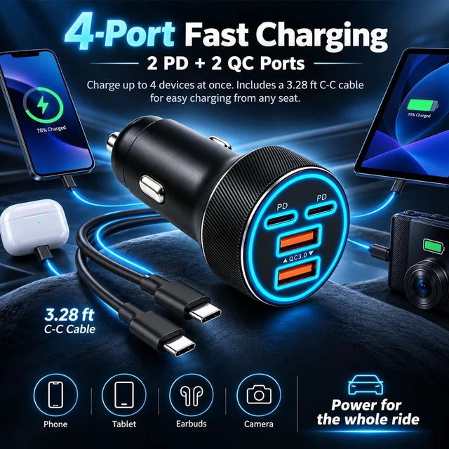Alt view image 5 of 7 - USB/Type C Car Charger Fast Charging,90W 4-Port Car Phone Charger | for 2QC+2PD,with 3.28Ft Type C Cable,Simultaneous Charge,Soft Light,Overheat Protection,Fit 12-24V Cigarette Lighter Socket
