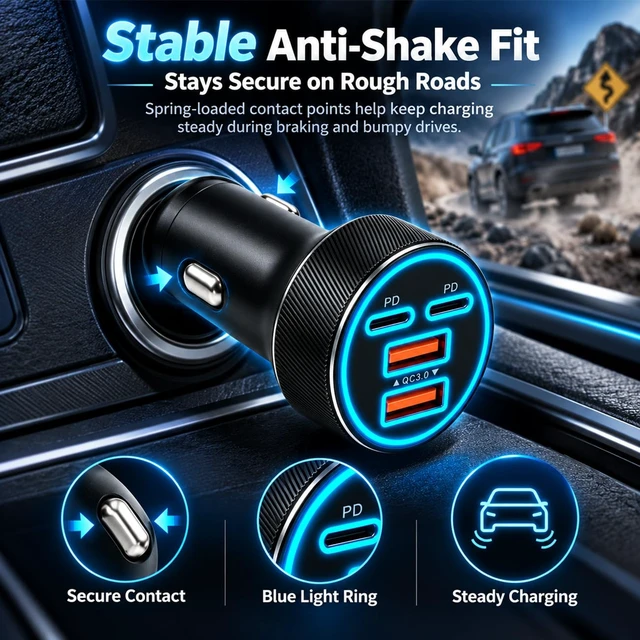 Alt view image 6 of 7 - USB/Type C Car Charger Fast Charging,90W 4-Port Car Phone Charger | for 2QC+2PD,with 3.28Ft Type C Cable,Simultaneous Charge,Soft Light,Overheat Protection,Fit 12-24V Cigarette Lighter Socket