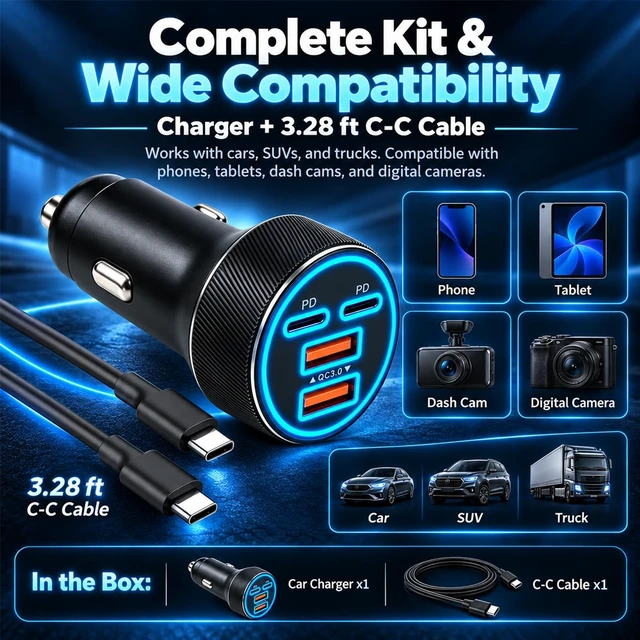 Alt view image 7 of 7 - USB/Type C Car Charger Fast Charging,90W 4-Port Car Phone Charger | for 2QC+2PD,with 3.28Ft Type C Cable,Simultaneous Charge,Soft Light,Overheat Protection,Fit 12-24V Cigarette Lighter Socket