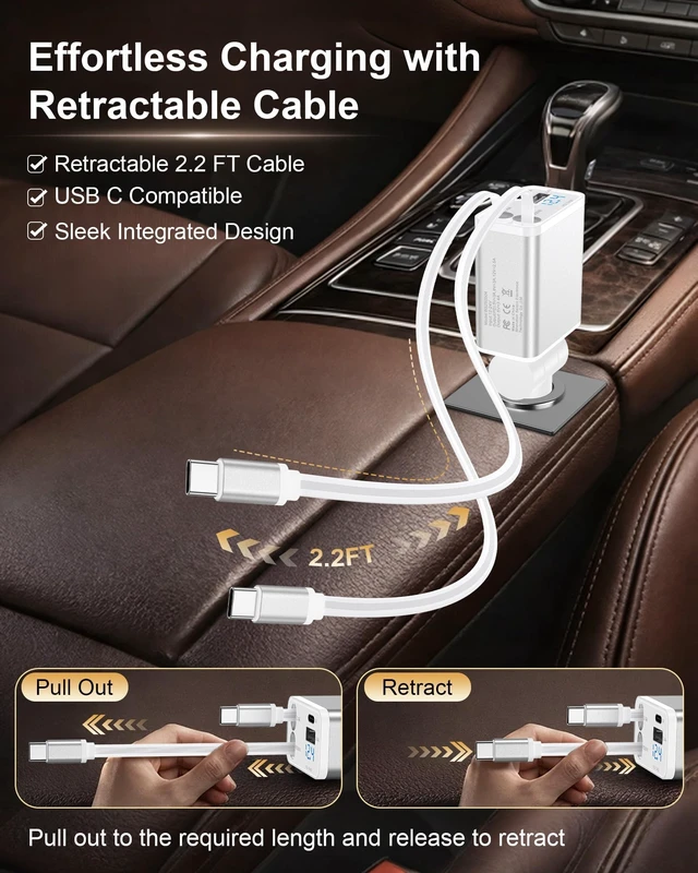 Alt view image 2 of 7 - Retractable Car iPhone Charger USB C, Fast Car Charging Adapter USBC | Auto 2 Flexible USB C Cable for iPhone 17e 17 Samsung S26 Android, USBC Cigarette Lighter Gift for Men Android Auto Adapter