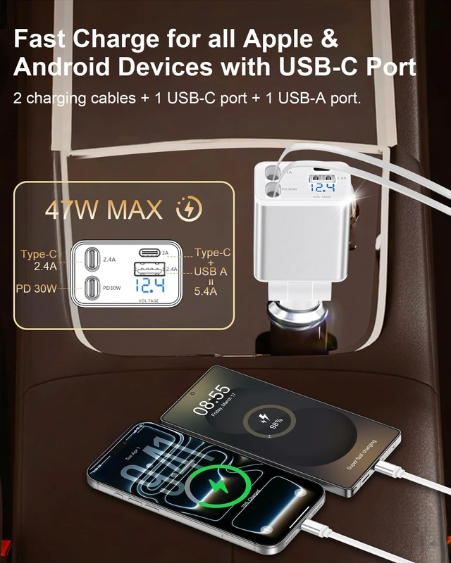 Alt view image 3 of 7 - Retractable Car iPhone Charger USB C, Fast Car Charging Adapter USBC | Auto 2 Flexible USB C Cable for iPhone 17e 17 Samsung S26 Android, USBC Cigarette Lighter Gift for Men Android Auto Adapter