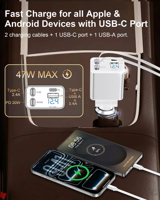 Alt view image 4 of 7 - Retractable Car iPhone Charger USB C, Fast Car Charging Adapter USBC | Auto 2 Flexible USB C Cable for iPhone 17e 17 Samsung S26 Android, USBC Cigarette Lighter Gift for Men Android Auto Adapter
