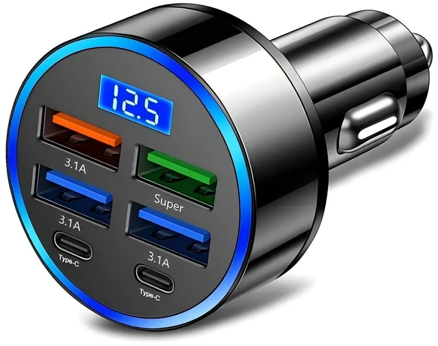 Main image of 6 Port USB C Car Charger Fast Charging 100W PD QC3.0 Adapter LED Display | PD + QC3.0 dual fast charge protocol