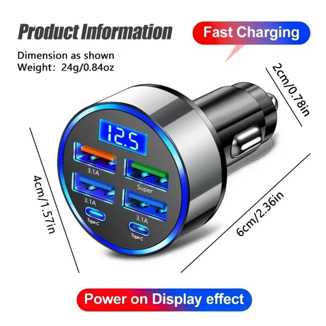 Alt view image 2 of 7 - 6 Port USB C Car Charger Fast Charging 100W PD QC3.0 Adapter LED Display | PD + QC3.0 dual fast charge protocol
