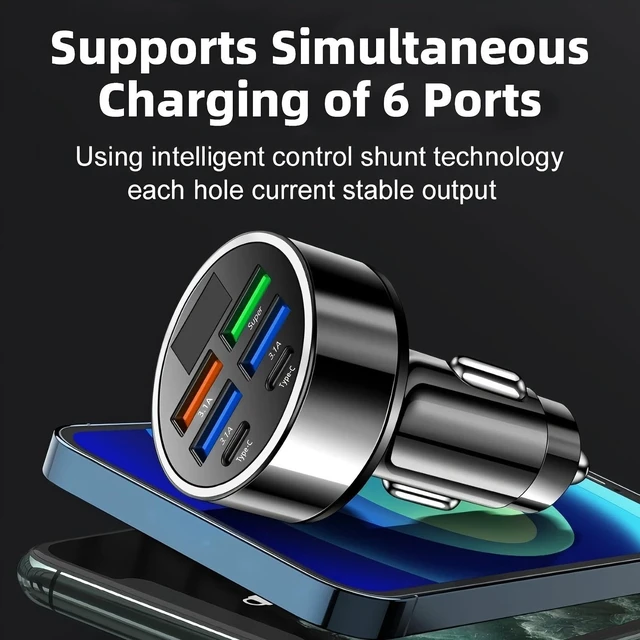 Alt view image 3 of 7 - 6 Port USB C Car Charger Fast Charging 100W PD QC3.0 Adapter LED Display | PD + QC3.0 dual fast charge protocol