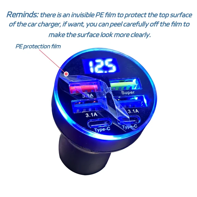 Alt view image 4 of 7 - 6 Port USB C Car Charger Fast Charging 100W PD QC3.0 Adapter LED Display | PD + QC3.0 dual fast charge protocol