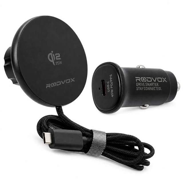 Main image of Qi2.2 25W Magnetic Wireless Car Charger with 45W USB-C PD/PPS Adapter | Attached braided cable and two magnetic rings included for a convenient in-vehicle charging setup