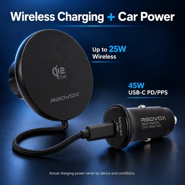 Alt view image 2 of 7 - Qi2.2 25W Magnetic Wireless Car Charger with 45W USB-C PD/PPS Adapter | Attached braided cable and two magnetic rings included for a convenient in-vehicle charging setup