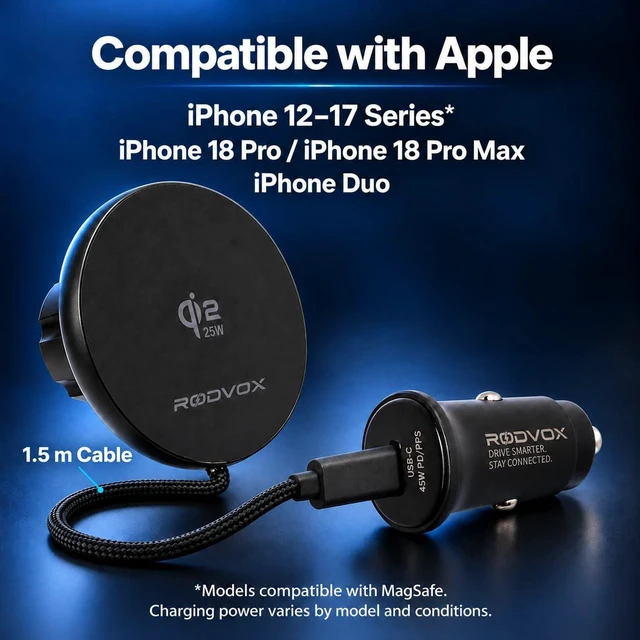 Alt view image 3 of 7 - Qi2.2 25W Magnetic Wireless Car Charger with 45W USB-C PD/PPS Adapter | Attached braided cable and two magnetic rings included for a convenient in-vehicle charging setup