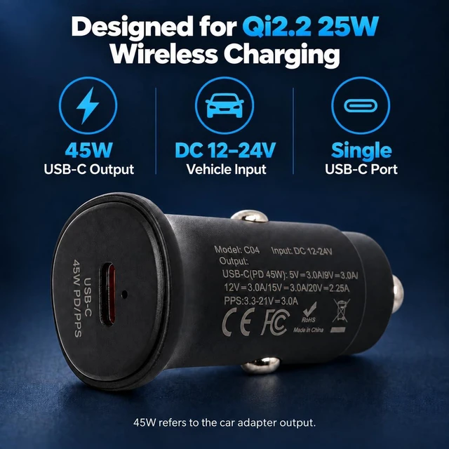 Alt view image 4 of 7 - Qi2.2 25W Magnetic Wireless Car Charger with 45W USB-C PD/PPS Adapter | Attached braided cable and two magnetic rings included for a convenient in-vehicle charging setup