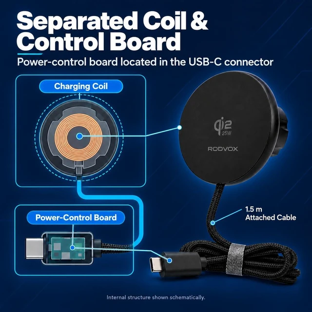 Alt view image 5 of 7 - Qi2.2 25W Magnetic Wireless Car Charger with 45W USB-C PD/PPS Adapter | Attached braided cable and two magnetic rings included for a convenient in-vehicle charging setup