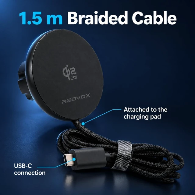 Alt view image 6 of 7 - Qi2.2 25W Magnetic Wireless Car Charger with 45W USB-C PD/PPS Adapter | Attached braided cable and two magnetic rings included for a convenient in-vehicle charging setup