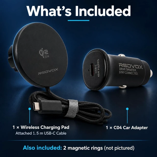 Alt view image 7 of 7 - Qi2.2 25W Magnetic Wireless Car Charger with 45W USB-C PD/PPS Adapter | Attached braided cable and two magnetic rings included for a convenient in-vehicle charging setup