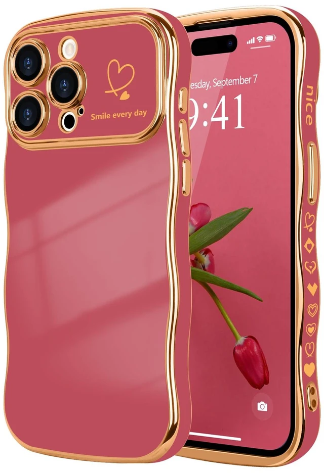 Main image of for iPhone 14 Pro Max Case Cute for Women Girl Wave Shape,Faint Red | Luxury Plating Curly Wavy Frame with Love Heart Pattern, Raised Camera Protection Back Cover Shockproof Phone Case
