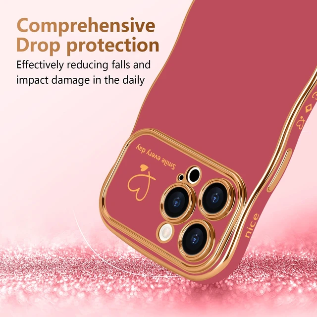 Alt view image 3 of 7 - for iPhone 14 Pro Max Case Cute for Women Girl Wave Shape,Faint Red | Luxury Plating Curly Wavy Frame with Love Heart Pattern, Raised Camera Protection Back Cover Shockproof Phone Case