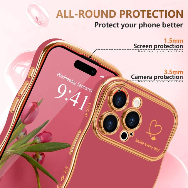 Alt view image 4 of 7 - for iPhone 14 Pro Max Case Cute for Women Girl Wave Shape,Faint Red | Luxury Plating Curly Wavy Frame with Love Heart Pattern, Raised Camera Protection Back Cover Shockproof Phone Case