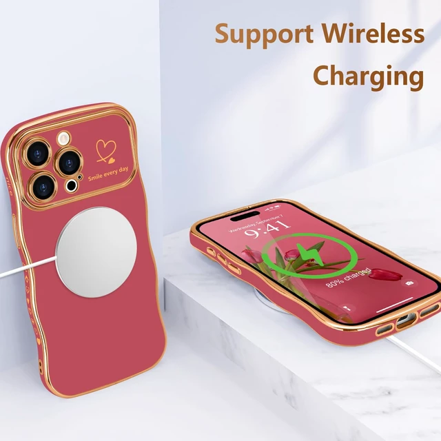 Alt view image 5 of 7 - for iPhone 14 Pro Max Case Cute for Women Girl Wave Shape,Faint Red | Luxury Plating Curly Wavy Frame with Love Heart Pattern, Raised Camera Protection Back Cover Shockproof Phone Case