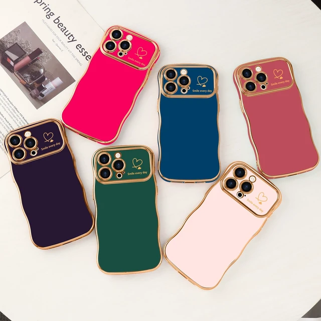 Alt view image 6 of 7 - for iPhone 14 Pro Max Case Cute for Women Girl Wave Shape,Faint Red | Luxury Plating Curly Wavy Frame with Love Heart Pattern, Raised Camera Protection Back Cover Shockproof Phone Case