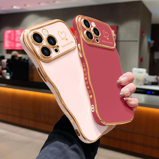 Alt view image 7 of 7 - for iPhone 14 Pro Max Case Cute for Women Girl Wave Shape,Faint Red | Luxury Plating Curly Wavy Frame with Love Heart Pattern, Raised Camera Protection Back Cover Shockproof Phone Case