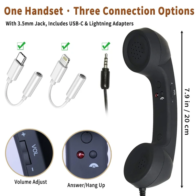 Alt view image 2 of 7 - Retro Handset for Mobile Phone, 3.5 mm Jack with USB-C/Lightning | Classic Wired Phone Handset with 3.5 mm Jack, Type-C and Lightning adapters, Vintage Landline-Style Call Receiver(Pink)