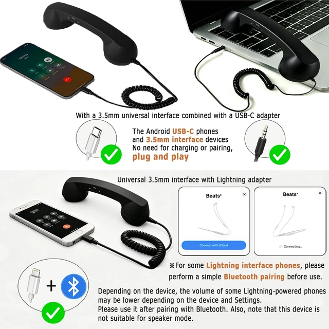 Alt view image 3 of 7 - Retro Handset for Mobile Phone, 3.5 mm Jack with USB-C/Lightning | Classic Wired Phone Handset with 3.5 mm Jack, Type-C and Lightning adapters, Vintage Landline-Style Call Receiver(Pink)