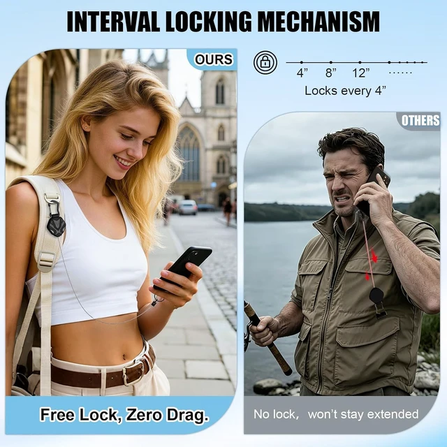Alt view image 2 of 7 - Anti Theft Phone Strap with Interval Locking, Retractable Steel Cell Phone Lanyard with Metal Carabiner and 360° Phone Tether Tab For Skiing, Hiking, Fishing, Concert and Traveling, 2 Packs