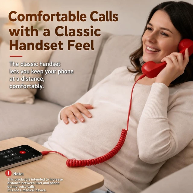 Alt view image 4 of 7 - Retro Handset for Mobile Phone, 3.5 mm Jack with USB-C/Lightning | Classic Wired Phone Handset with 3.5 mm Jack, Type-C and Lightning adapters, Vintage Landline-Style Call Receiver(Pink)