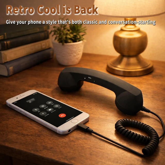 Alt view image 6 of 7 - Retro Handset for Mobile Phone, 3.5 mm Jack with USB-C/Lightning | Classic Wired Phone Handset with 3.5 mm Jack, Type-C and Lightning adapters, Vintage Landline-Style Call Receiver(Pink)