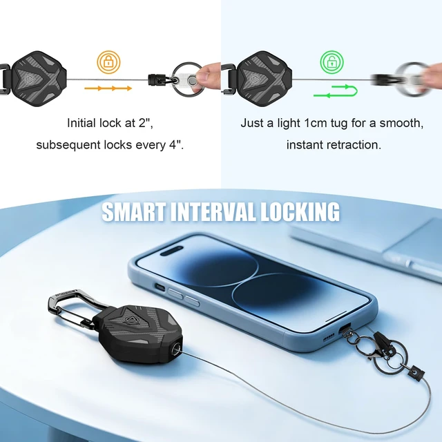 Alt view image 3 of 7 - Anti Theft Phone Strap with Interval Locking, Retractable Steel Cell Phone Lanyard with Metal Carabiner and 360° Phone Tether Tab For Skiing, Hiking, Fishing, Concert and Traveling, 2 Packs