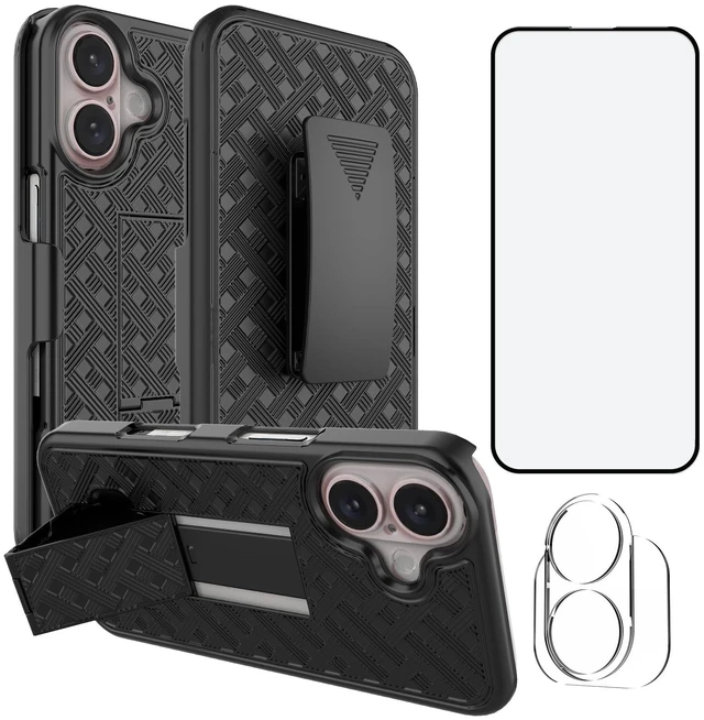Main image of for iPhone 17 Stand Case, Belt Clip Holster Screen Protector-Black | Camera Lens Protector, Swivel Kickstand Holder, Slim Shell Pouch Full Body Protective, Rugged Shockproof Cell Phone Cover