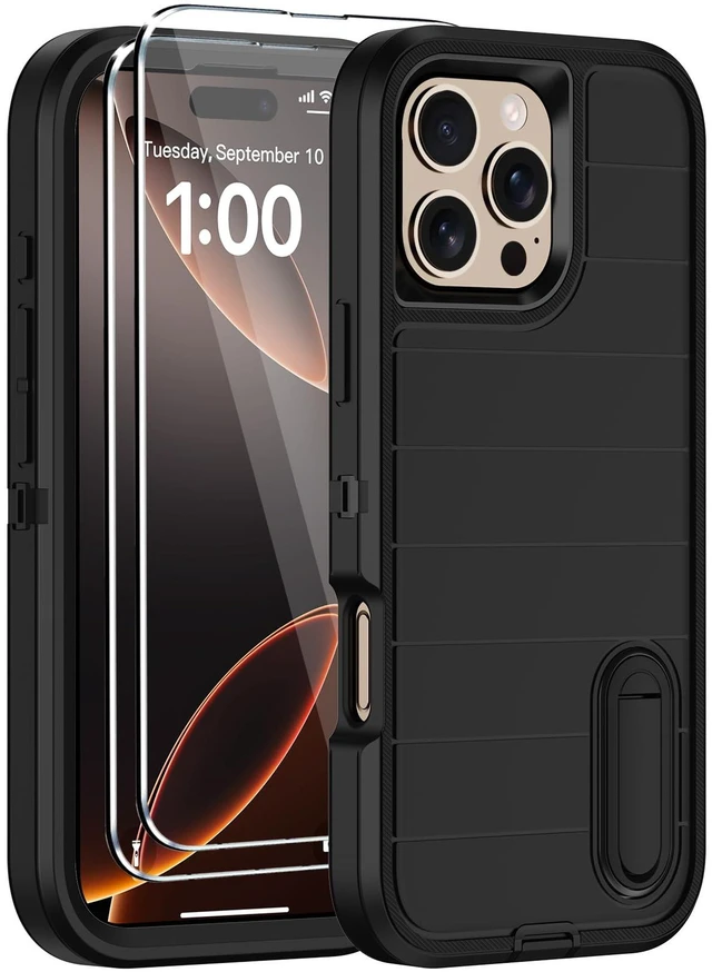 Main image of for iPhone 16 Pro Case with Screen Protector,Built-in Invisible Kickstand,Heavy Duty Shockproof Drop Protection Military Grade Tri-Layer Rugged Durable Cell Phone Cover for Apple 16 Pro 6.3" (Black