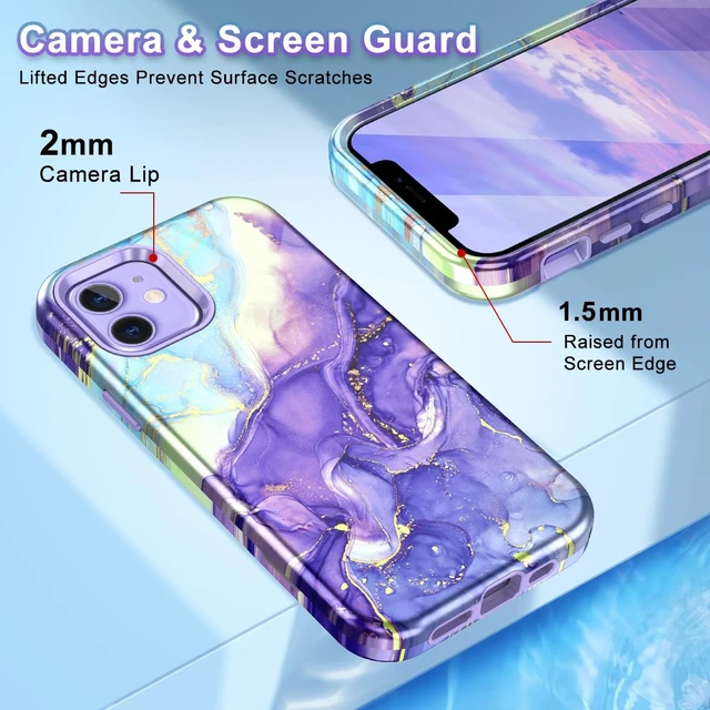 Alt view image 3 of 7 - for iPhone 12 Case/iPhone 12 Pro Case, Heavy Duty Three Layer Marble Shockproof Full Body Rugged Hard PC+Soft TPU Bumper Drop Protection Women Girls Cover for iPhone 12/12 Pro, Cobalt Violet