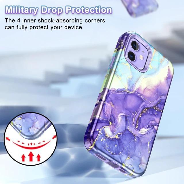 Alt view image 4 of 7 - for iPhone 12 Case/iPhone 12 Pro Case, Heavy Duty Three Layer Marble Shockproof Full Body Rugged Hard PC+Soft TPU Bumper Drop Protection Women Girls Cover for iPhone 12/12 Pro, Cobalt Violet
