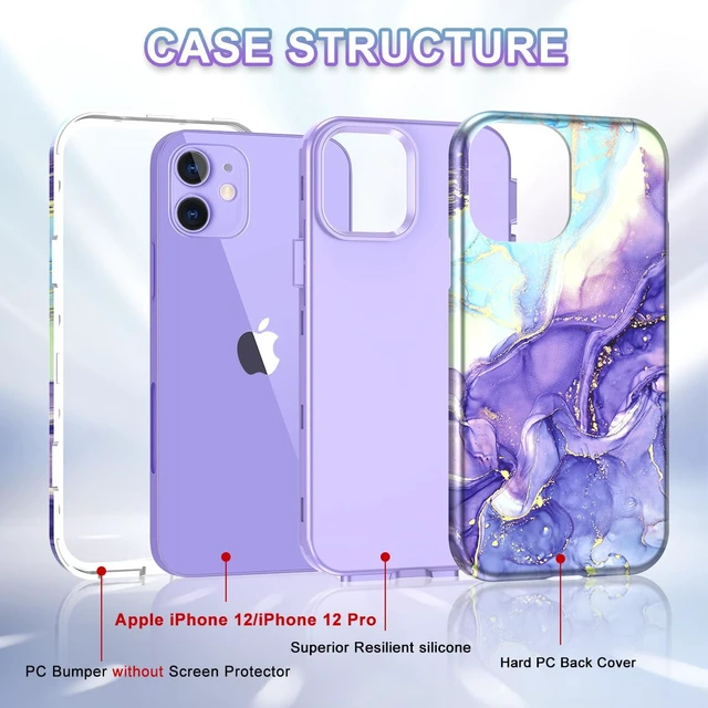 Alt view image 5 of 7 - for iPhone 12 Case/iPhone 12 Pro Case, Heavy Duty Three Layer Marble Shockproof Full Body Rugged Hard PC+Soft TPU Bumper Drop Protection Women Girls Cover for iPhone 12/12 Pro, Cobalt Violet