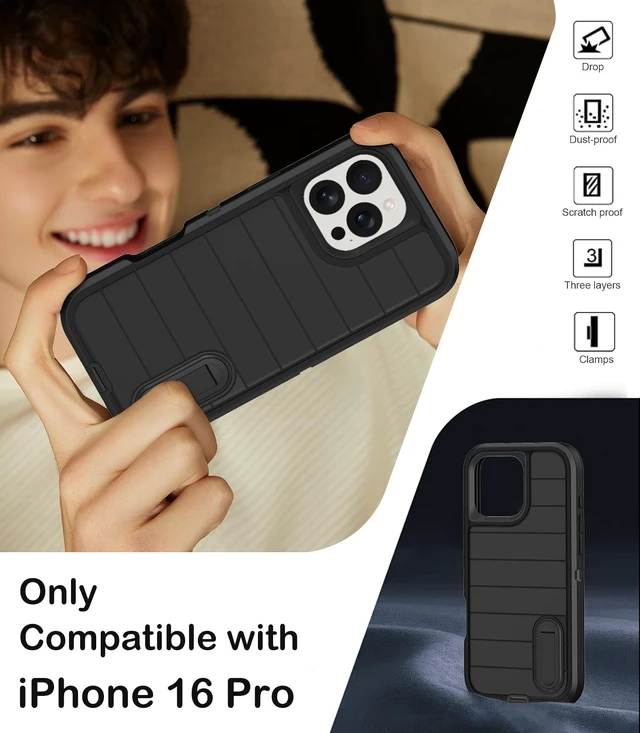 Alt view image 2 of 7 - for iPhone 16 Pro Case with Screen Protector,Built-in Invisible Kickstand,Heavy Duty Shockproof Drop Protection Military Grade Tri-Layer Rugged Durable Cell Phone Cover for Apple 16 Pro 6.3" (Black