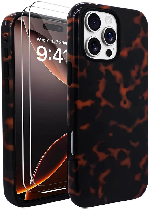 Main image of Compatible with iPhone 16 Pro Max Case 6.9 inch with 2 Pack Tempered Glass Screen Protectors Vintage Animal Tortoiseshell 2in1 Hybrid Cover for Women Protective Phone Cases Brown