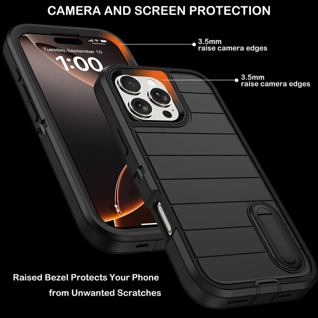 Alt view image 3 of 7 - for iPhone 16 Pro Case with Screen Protector,Built-in Invisible Kickstand,Heavy Duty Shockproof Drop Protection Military Grade Tri-Layer Rugged Durable Cell Phone Cover for Apple 16 Pro 6.3" (Black