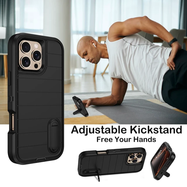 Alt view image 6 of 7 - for iPhone 16 Pro Case with Screen Protector,Built-in Invisible Kickstand,Heavy Duty Shockproof Drop Protection Military Grade Tri-Layer Rugged Durable Cell Phone Cover for Apple 16 Pro 6.3" (Black