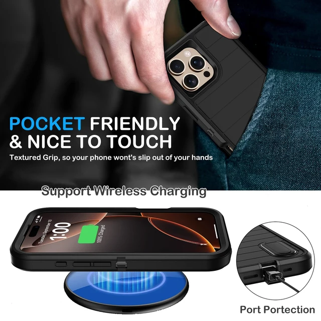 Alt view image 7 of 7 - for iPhone 16 Pro Case with Screen Protector,Built-in Invisible Kickstand,Heavy Duty Shockproof Drop Protection Military Grade Tri-Layer Rugged Durable Cell Phone Cover for Apple 16 Pro 6.3" (Black
